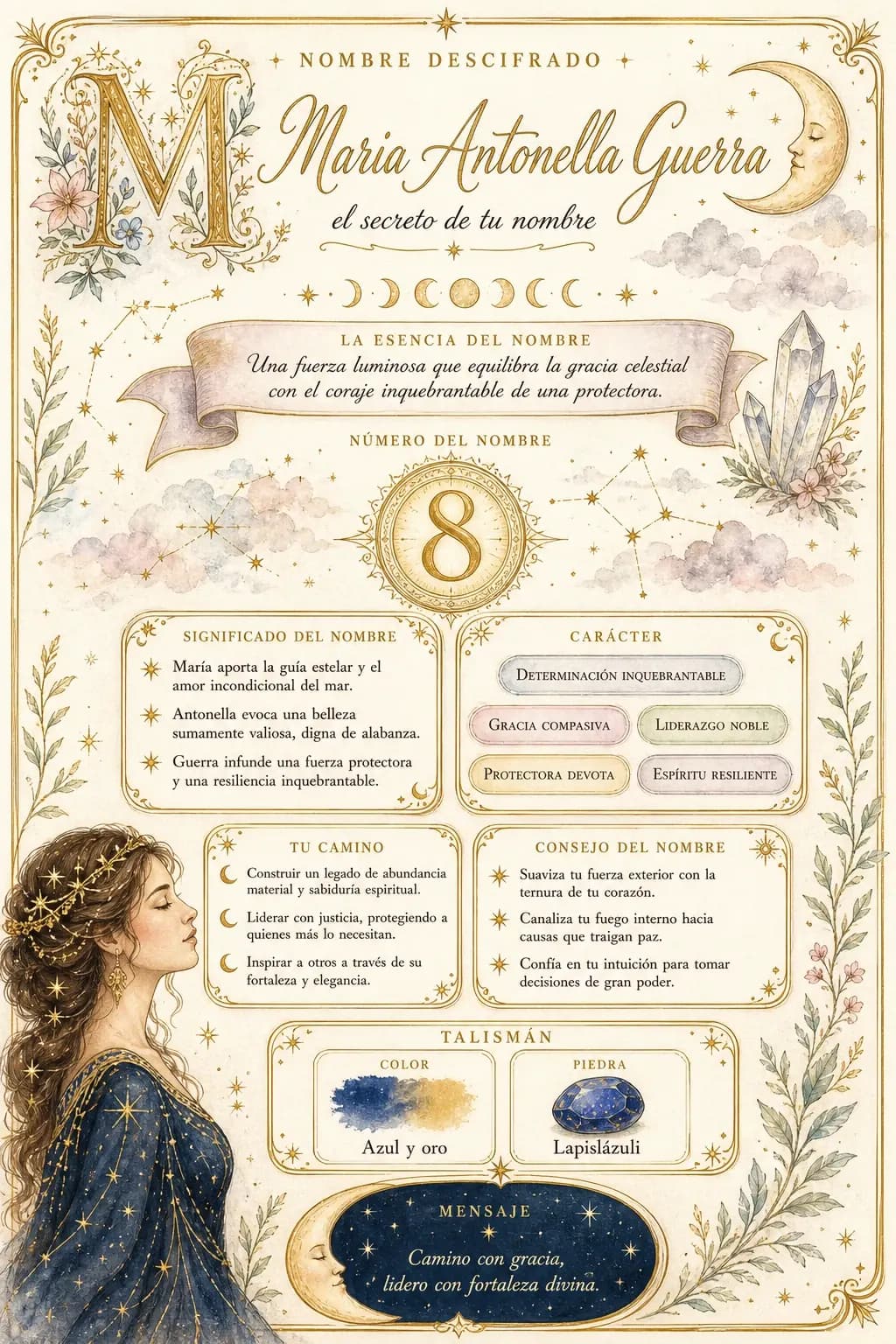 Póster de lectura del nombre con apartados sobre el carácter y los talentos