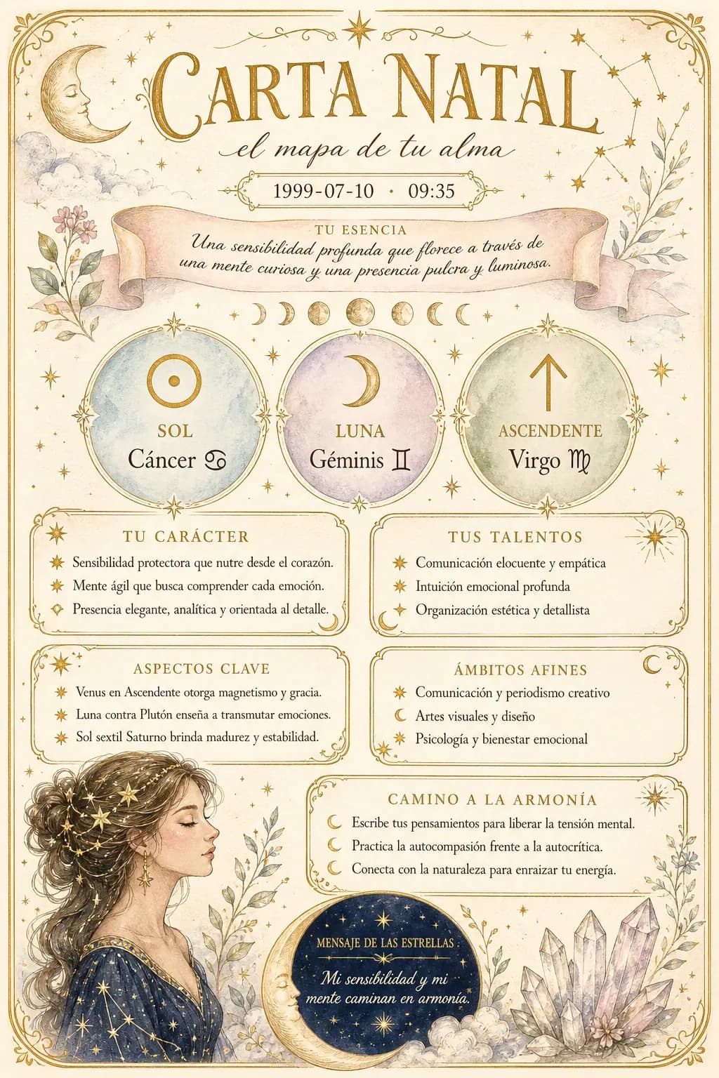 Ejemplo del póster artístico de carta natal que el cliente descarga en el móvil con el código QR