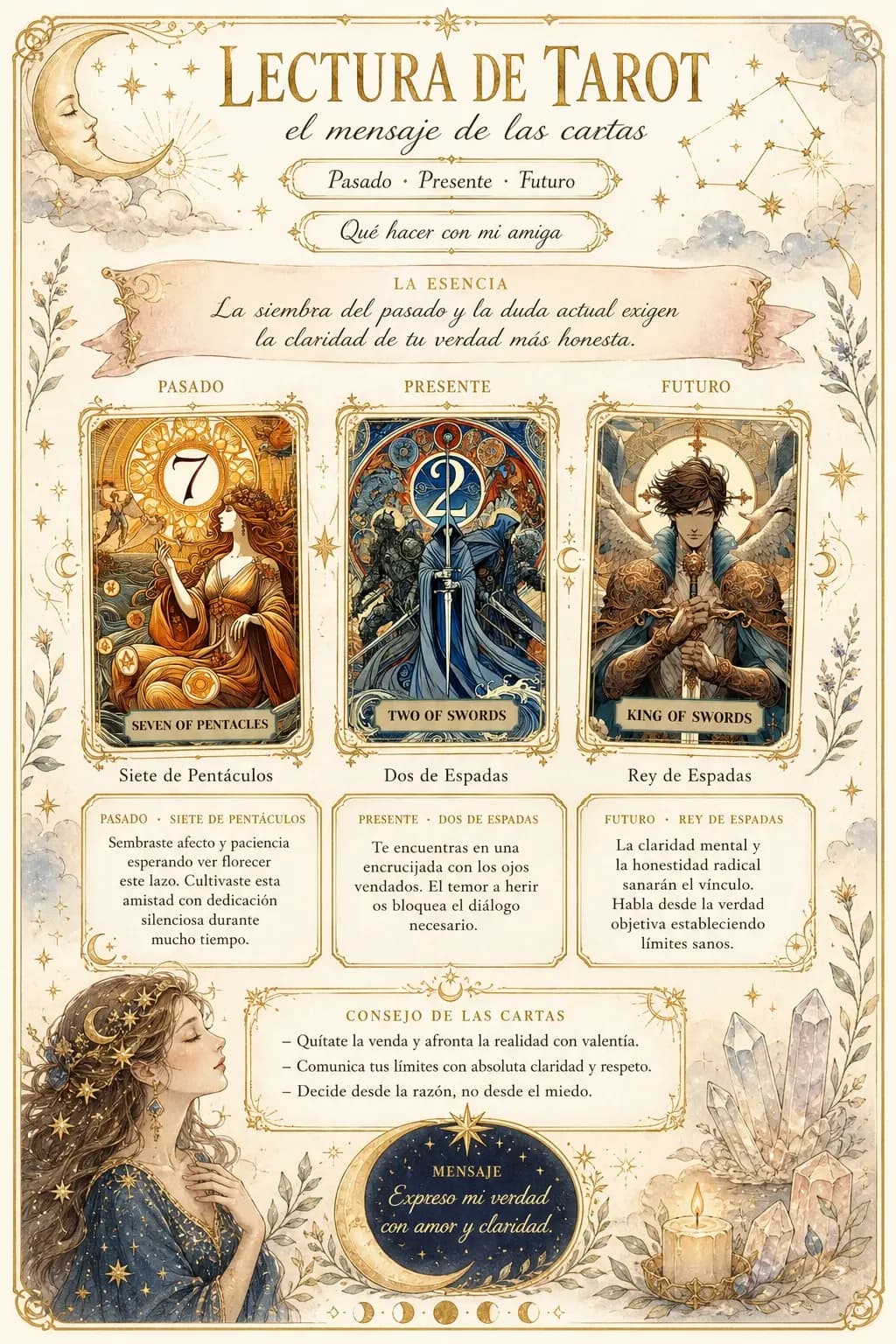 Póster de tarot con las cartas sacadas y la lectura de cada posición